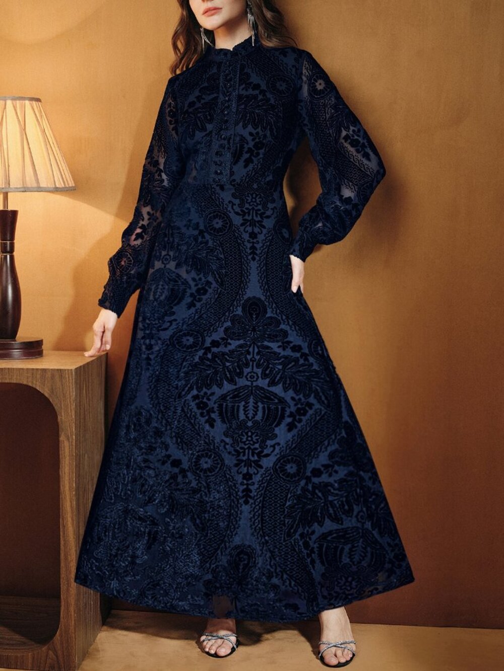 Navy Blue Elegant Women's velvet Stand Collar High Waist Flared Long Dress